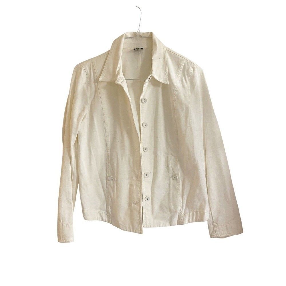 EILEEN FISHER Women Organic Cotton Ivory Denim Jean Jacket Sz L ? Stretch Light